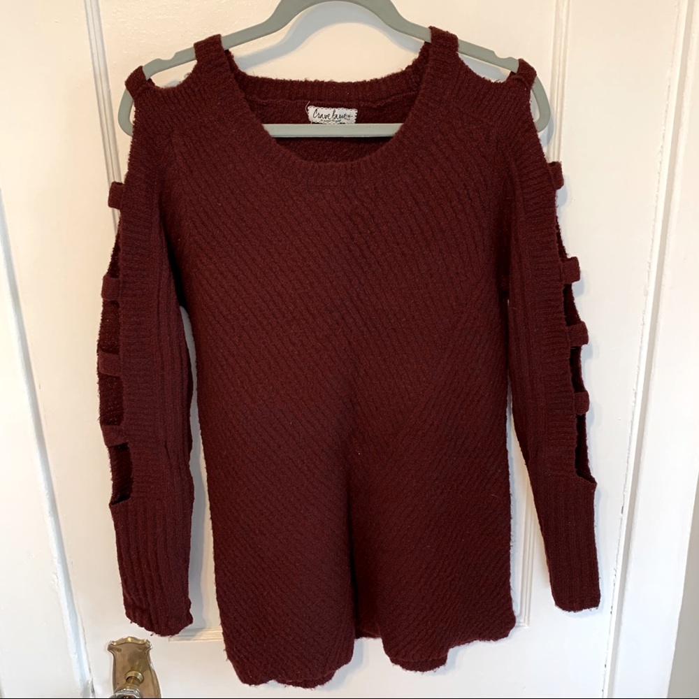 Burgundy Red Tunic Sweater w/Cut Out Long Sleeves
